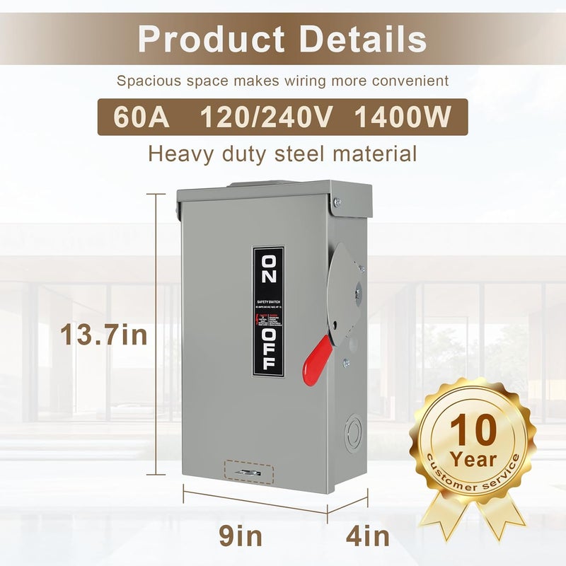 FixOasis 【Upgrade】 3P 60 Amp Disconnect,Disconnect Switch,Add Ground Design,Non-Fusible,NEMA 3R Standard,Heavy Duty Steel Material,Rust and Corrosion Resistant,120/240v,10-Year Warrnaty - Image 2